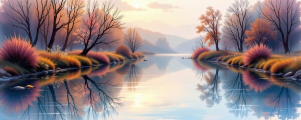 Serene Sunrise Sunset Over Tranquil River Scene