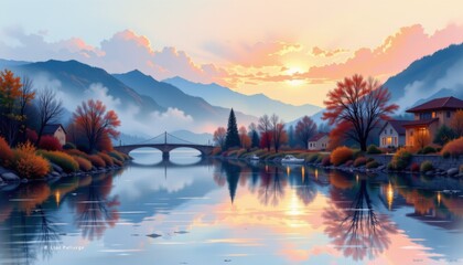 Serene Autumn River Landscape Sunrise Sunset
