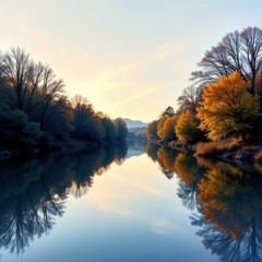 Serene River Scene with Autumn Foliage Dawn