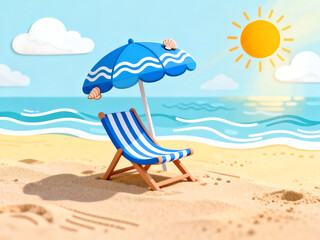 Cartoon Hand-painted Beach Scene with Lounge Chair and Umbrella