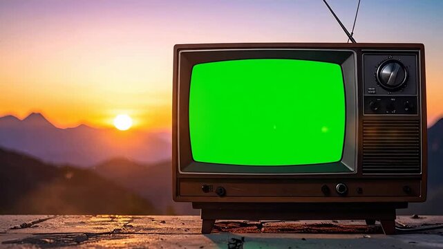 Vintage television set with a green screen against a scenic mountain sunset.