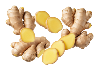 Whole & sliced fresh ginger root, pale yellow interior & light brown skin, suspended in frozen motion against a transparent studio background, highlighting its natural vitality