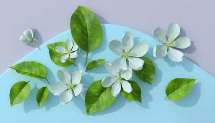 Fototapeta premium White Apple Tree Flowers and vibrant green leaves on an abstract pastel podium, perfect for cosmetic branding, spring promotions, packaging design, and floral backgrounds