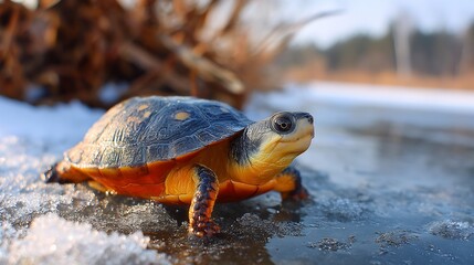 Winter Turtle turtle frozen pond edge winter reptile survival cold environment natural tones
