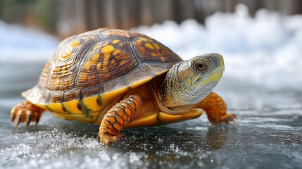 Fototapeta premium Winter Turtle turtle frozen pond edge winter reptile survival cold environment natural tones