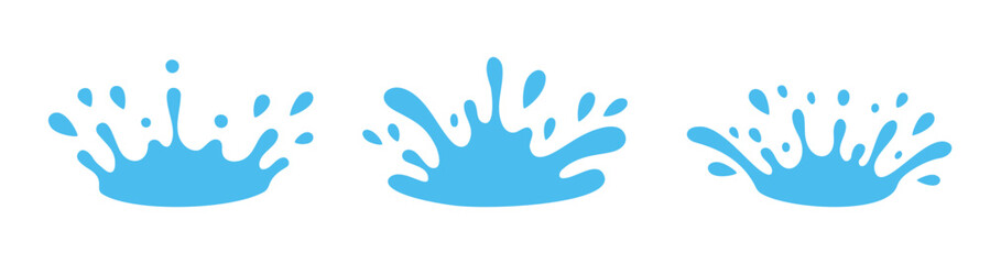 Set of three blue water splash crowns. Cartoon liquid drops and spray shapes for abstract design, decoration, summer and creative graphics