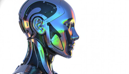 Futuristic Cyborg Head Profile: Detailed 3D render of a female android with iridescent holographic metallic skin, symbolizing advanced AI, technology, and cybernetics.