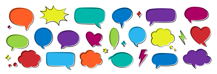 Colorful comic speech bubbles collection. Multicolor doodle talk balloons set for cartoon design, comics, and creative communication projects