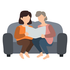 Elderly Woman Reading With Her Daughter on Couch Illustration