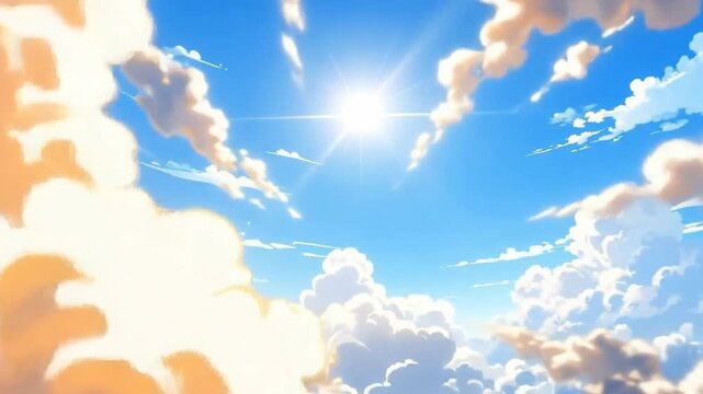 Bright sunny day with f white clouds floating in the clear blue sky.
