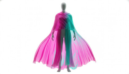 Metaverse Fashion: Ethereal Mannequin in Flowing Neon Pink & Teal Gradient Digital Fabric Cloak. High-Key Isolated 3D Render.