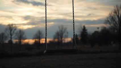 alluding. An empty swing moving gently in the breeze on a deserted playground at dusk. wellbeing guides, coaching materials, designed for mental health education and mindfulness programs.