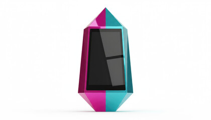 Futuristic Crystal Gadget. 3D Render of Abstract Tech Device with Split Pink and Cyan Colors and Blank Screen.