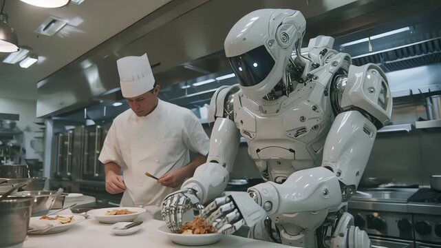 Robot and chef preparing food together in a commercial kitchen with stainless steel equipment and warm lighting.