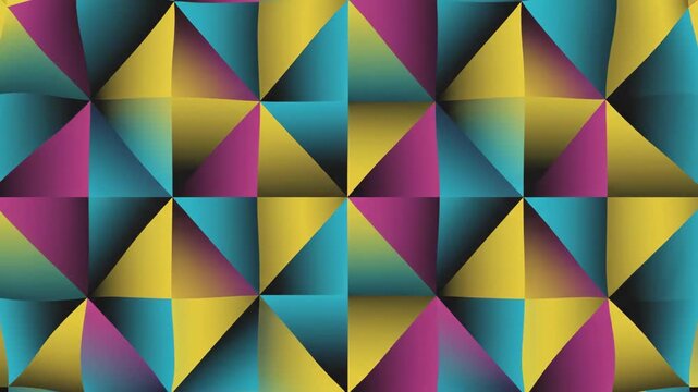 A vivid geometric pattern featuring vibrant colors and symmetrical shapes creating an eye-catching visual effect suitable for modern digital backgrounds.