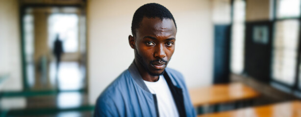 selective-focus-blur of serious adult man in a blue jacket sitting in an office with a look of exhaustion and burnout while staring forward with intense concentration on a warm day