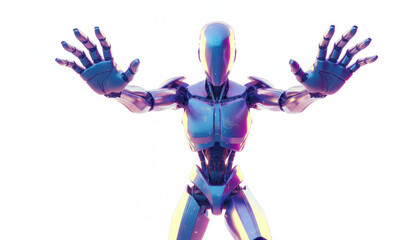 Futuristic AI Robot Presentation. Sleek iridescent blue and purple chrome android standing with open hands, isolated cutout on a white background.