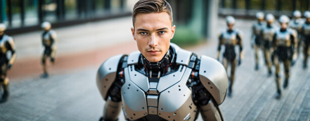 selective-focus-blur of young adult male soldier in futuristic cybernetic silver armor standing on a city plaza with a group of troops preparing for a mission in a modern setting