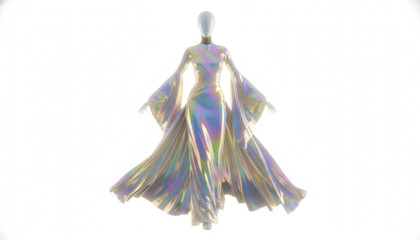 Iridescent Holographic Gown on Mannequin | Futuristic 3D Digital Fashion Dress with Flowing Sleeves Isolated on White Background
