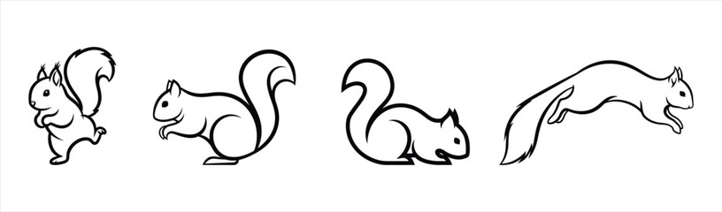 A set of delightful squirrel line art illustrations, depicting various poses and actions