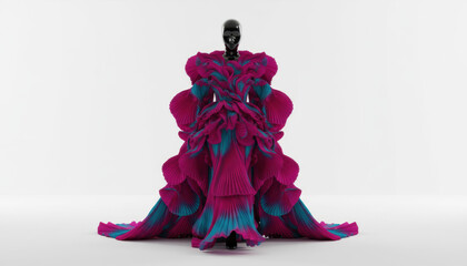 Dramatic Pleated Haute Couture Gown in Magenta and Teal on Black Mannequin. Luxurious Avant-Garde Digital Fashion Concept.