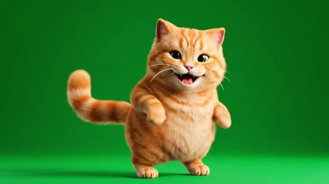 Happy orange cat dancing green screen