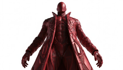 Crimson Sci-Fi Armor Coat: Mysterious Futuristic Character in Detailed Red Trench Coat, Isolated on White Background for Clipping.