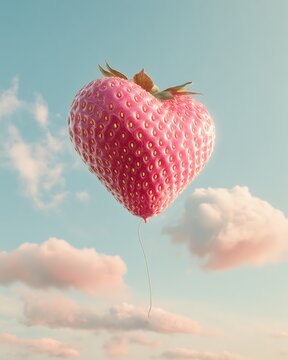 Strawberry shaped like a heart balloon floating, whimsical surreal fruit concept,