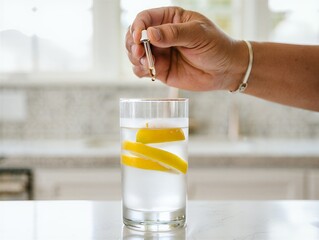 Refreshing lemon water with essential oil drops