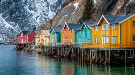 Fototapeta premium Norway coastal houses fjord mountains winter