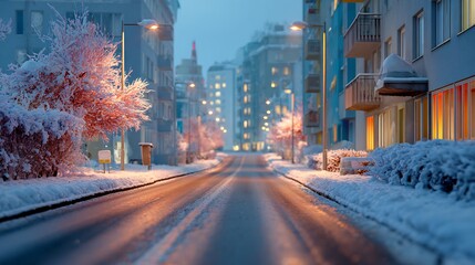 Quiet winter city street with snow-covered buildings and illuminated streetlights, creating a peaceful ambiance, AI