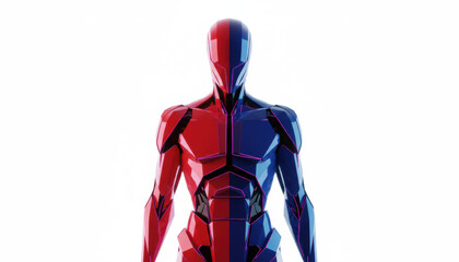 Duality Android: Abstract Cybernetic Robot Figure Split in Red and Blue Armor, Glowing Neon Lines. High-Tech Concept Isolated on White Background.