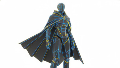Futuristic Neon Wireframe Superhero in Cape Standing Against White Background (3D Render)