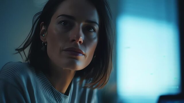 Close-up portrait of a woman looking at a computer screen with a concerned expression in a dimly lit room with blue lighting.