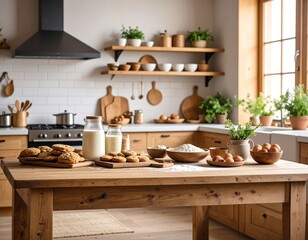 A rustic kitchen with a wooden table featuring freshly baked cookies, milk, and baking ingredients. The scene is bright and airy