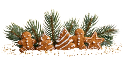 Christmas gingerbread cookies with pine branches on transparent background