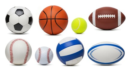 Obraz premium Diverse Collection of Popular Sports Balls Including Soccer, Basketball, and Football on White Background