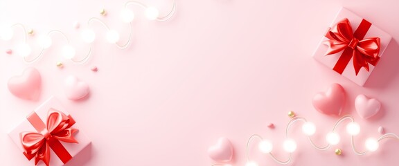 Valentine's Day banner with 3D pink gift boxes, hearts, and lights on a soft pink background. with copy space.