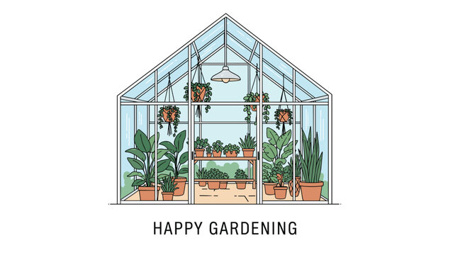 Large industrial style glass greenhouse filled with various potted tropical plants and a happy gardening message below the scene. - Powered by Adobe