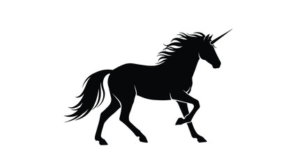 Fototapeta premium Elegant black silhouette of a mythical unicorn is captured in a graceful running pose on a solid white background.