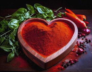 Red Paprika in Woodenn Heart Shaped Bowl, Spinach Carrots, AI