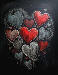 White and Red Chalk Drawn Hearts on a Blackboard AI