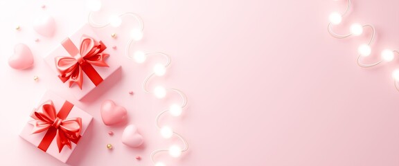 Valentine's Day banner with 3D pink gift boxes, hearts, and lights on a soft pink background. with copy space.