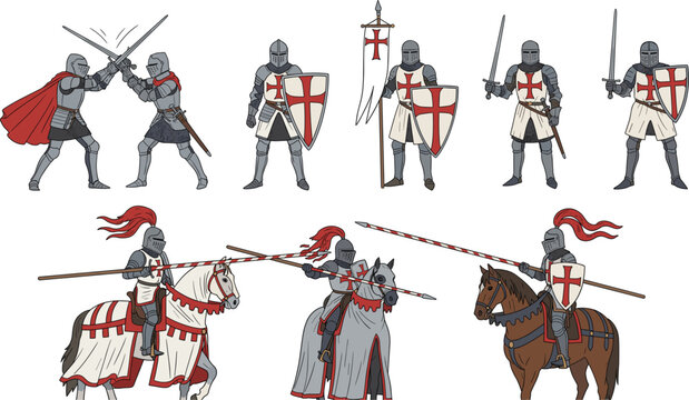 Medieval knight templar vector set featuring crusader warriors with swords shields and lances on horses isolated on white background for historical design.