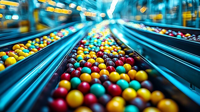 Vibrant colorful candies moving along a modern production line in a confectionery factory.