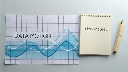 Business Concept on Data Motion with Graph, Notepad, and Pen Showcasing Flow Insured Strategy for Analysis and Planning