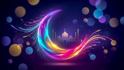Fototapeta premium A stunning Eid al-Fitr wallpaper featuring a glowing crescent moon with colorful gradients, dynamic light trails like fireworks in vibrant colors