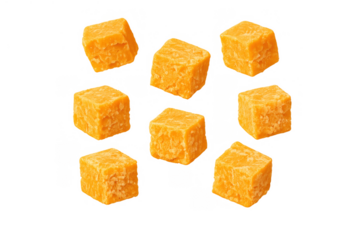 Cheddar cheese cubes presenting a delightful appetizer or snack, ready for cooking or serving, transparent background