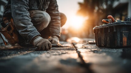 Skilled Worker Engaged in Repair Activity During Golden Hour Outdoor Photography