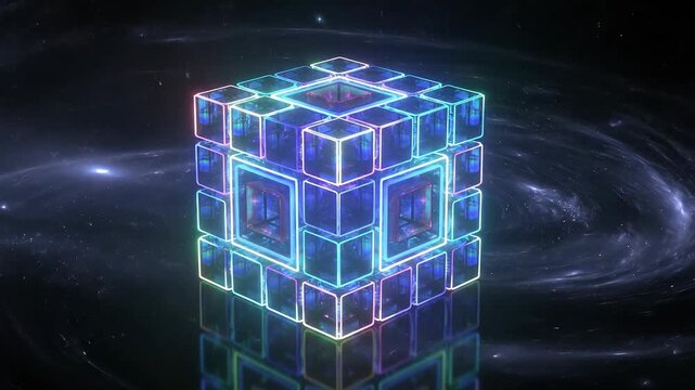Neon cube floating in cosmic space scene.
